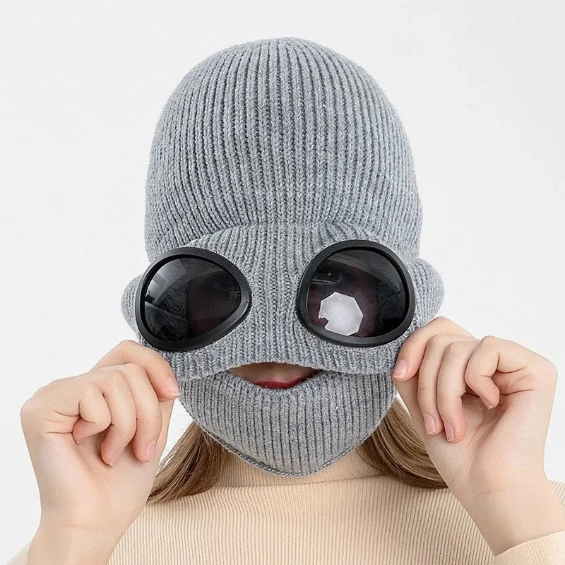 Autumn and winter new aviator glasses ear caps plus velvet warm woolen cap women Korean knitted hat mask