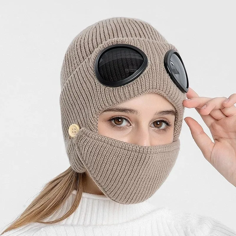 Autumn and winter new aviator glasses ear caps plus velvet warm woolen cap women Korean knitted hat mask