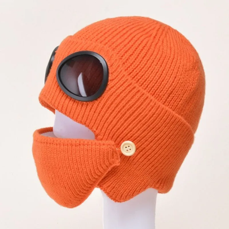 Autumn and winter new aviator glasses ear caps plus velvet warm woolen cap women Korean knitted hat mask
