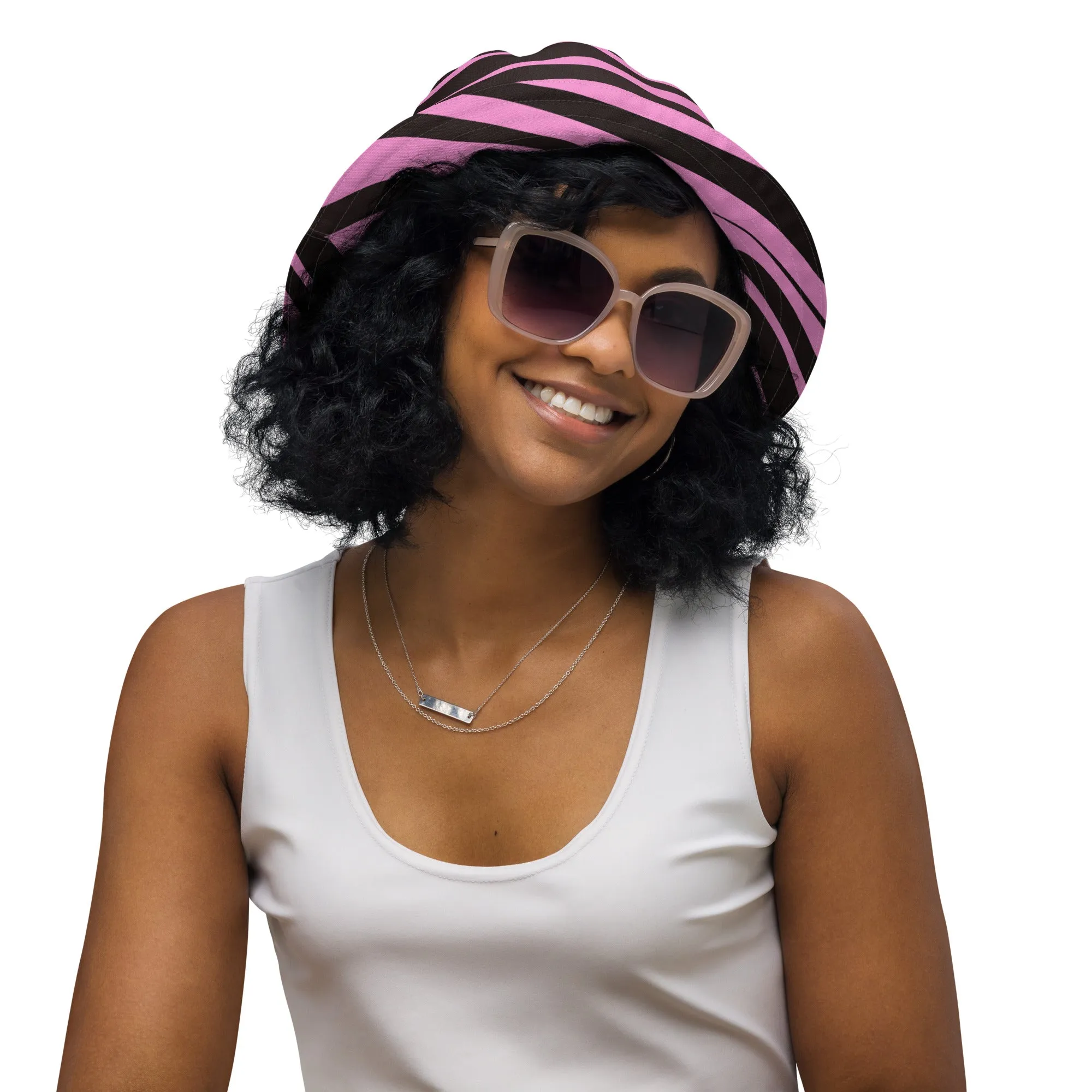 Blushing Stripes Pink Zebra Bucket Hat, lioness-love