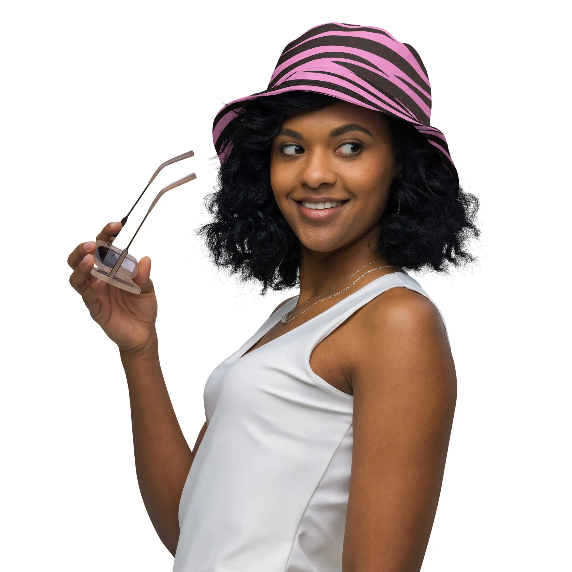 Blushing Stripes Pink Zebra Bucket Hat, lioness-love