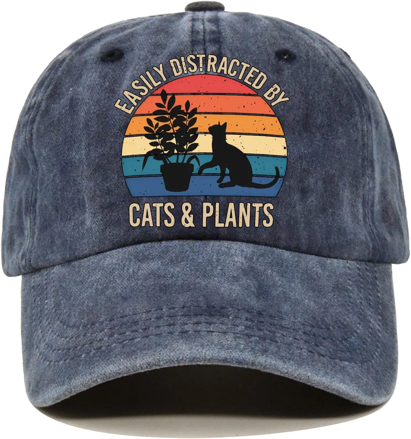 Cats Plants Funny Distressed Washed Blue Baseball Cap, Cat Plant Silhouette Vintage Adjustable Cotton Cap, Retirement Gifts for Men, Christmas Birthday Gifts for Family Cat Lover