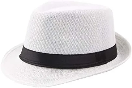 Classic Fedora Hat for Men, Short Brim Panama Cap Summer Cap with Ribbon White