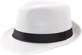 Classic Fedora Hat for Men, Short Brim Panama Cap Summer Cap with Ribbon White