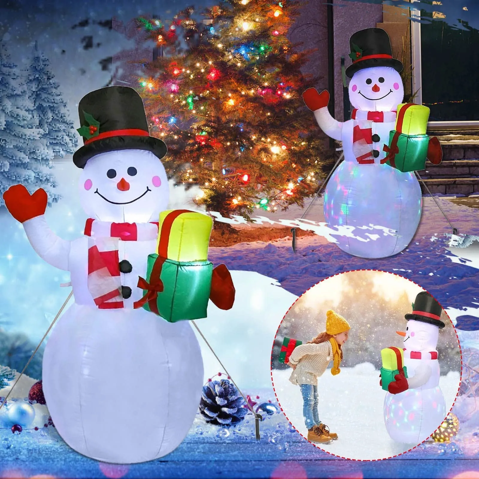 Decorazioni Natalizie per Giardino: Pupazzi Gonfiabili di Babbo Natale e Pupazzo di Neve con Luci LED
