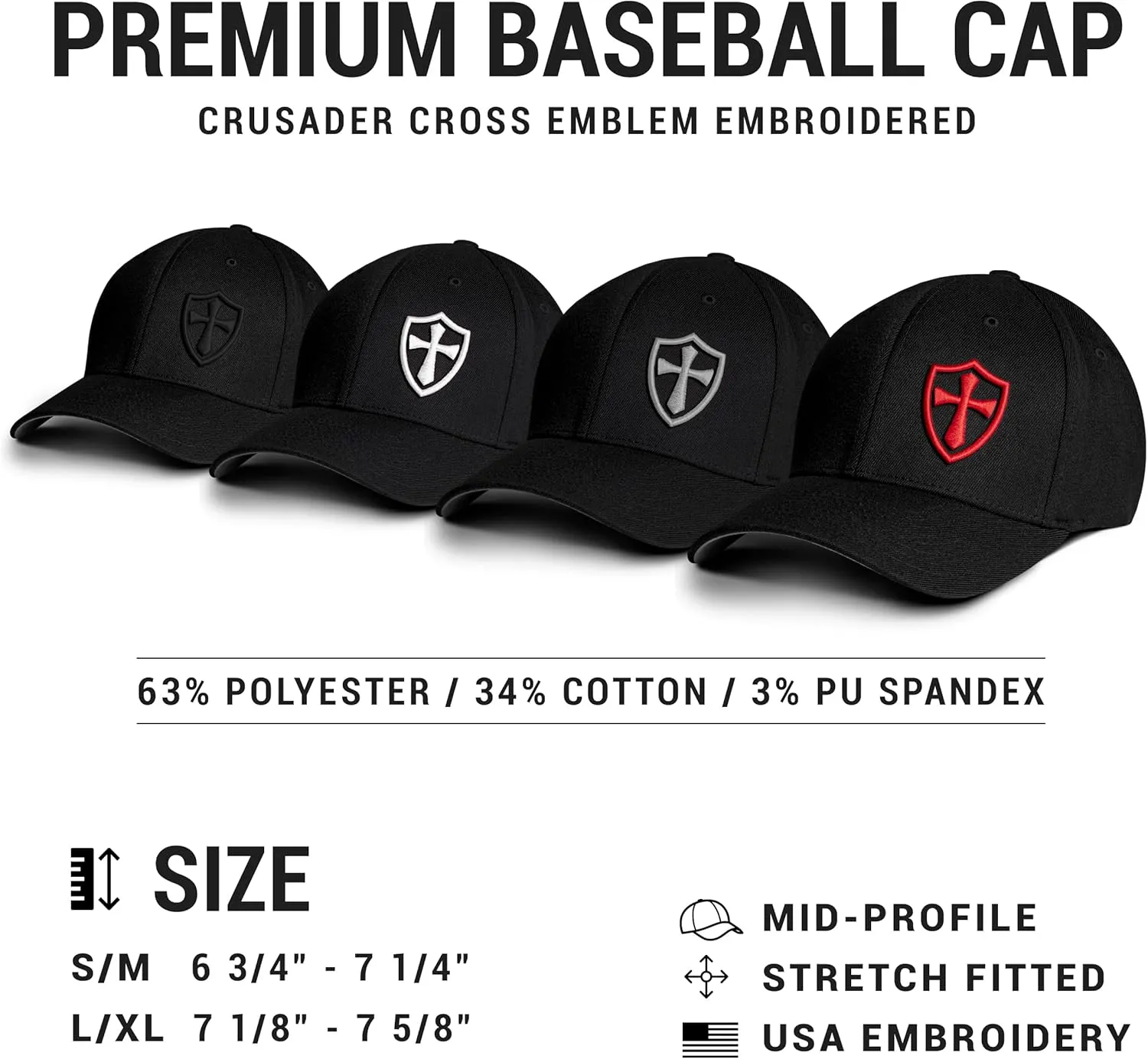 Dion Wear Crusader Baseball Cap for Men, Mid Profile Stretch Fitted