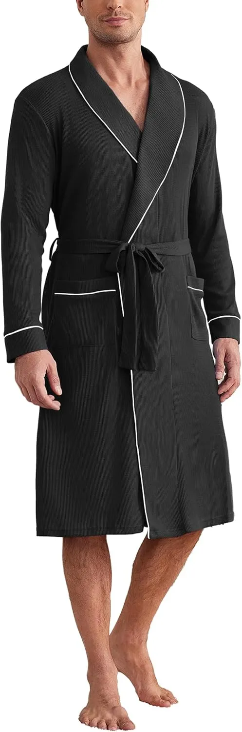 Ekouaer Mens Robes Lightweight Waffle Knit Kimono Bathrobe Long Sleeve Sleepwear Soft Knee Length Robe with Pockets S-3XL