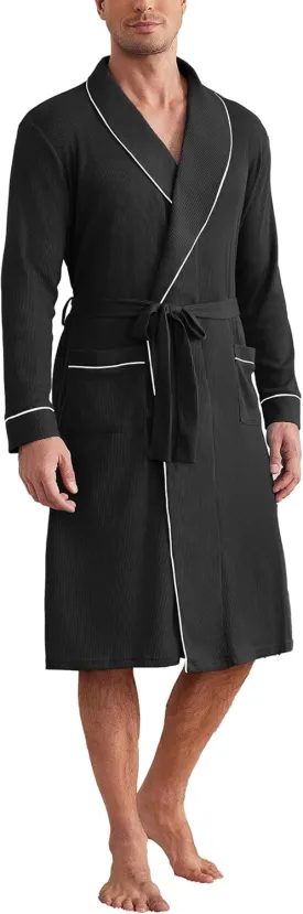 Ekouaer Mens Robes Lightweight Waffle Knit Kimono Bathrobe Long Sleeve Sleepwear Soft Knee Length Robe with Pockets S-3XL