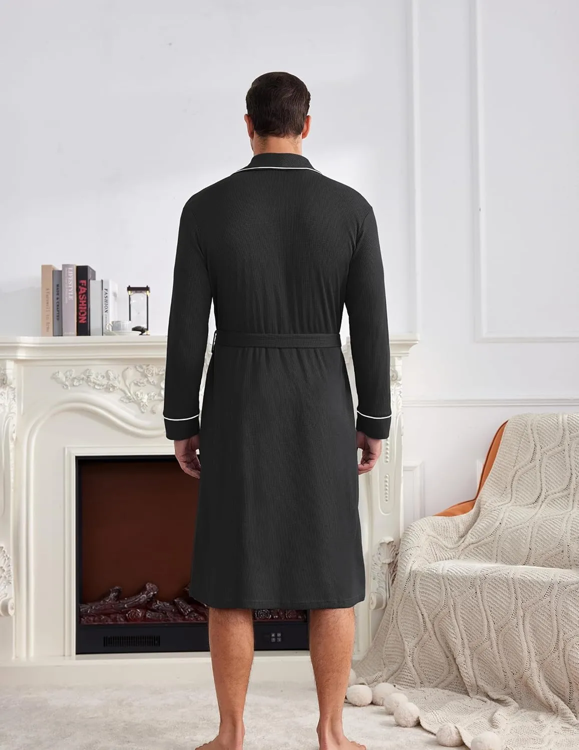 Ekouaer Mens Robes Lightweight Waffle Knit Kimono Bathrobe Long Sleeve Sleepwear Soft Knee Length Robe with Pockets S-3XL