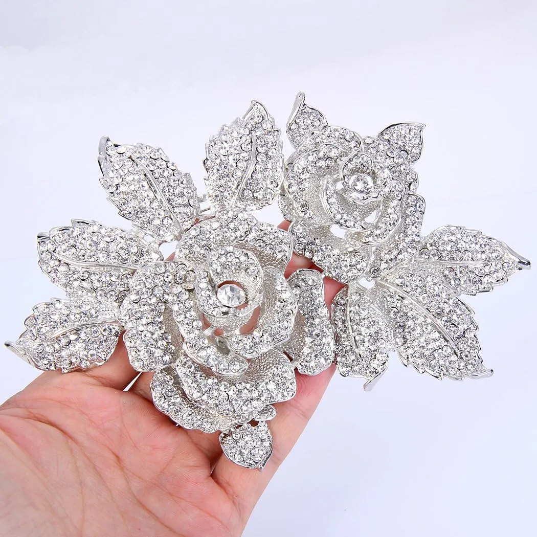 EVER FAITH Women's Austrian Crystal Bridal 2 Rose Flower Plant Brooch for Bride, Women, Sister