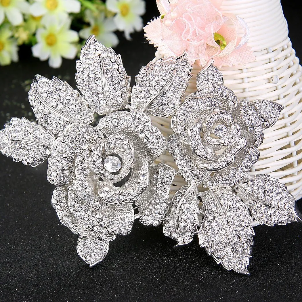 EVER FAITH Women's Austrian Crystal Bridal 2 Rose Flower Plant Brooch for Bride, Women, Sister