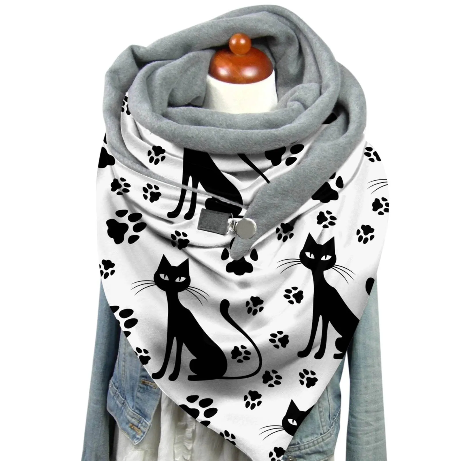 Fashion Women Cute Cat Print Scarf Hijabs Female Lady Retro Button Female Multi-Purpose Shawl Scarf 80cm-100cm Winter Echarpe