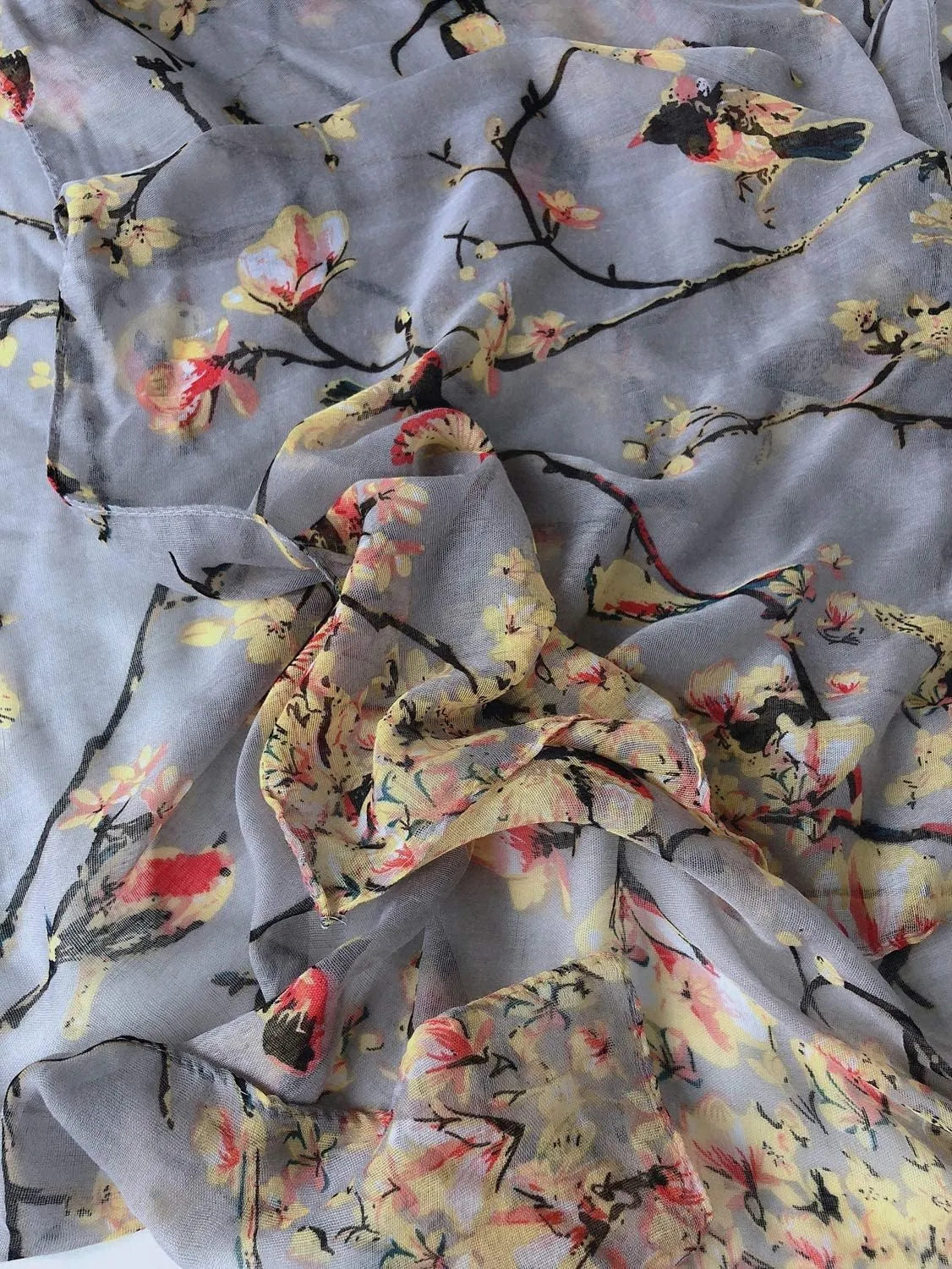 GERINLY Scarfs for Women Lightweight Floral Birds Print Cotton Scarves and Wraps for Summer Shawl