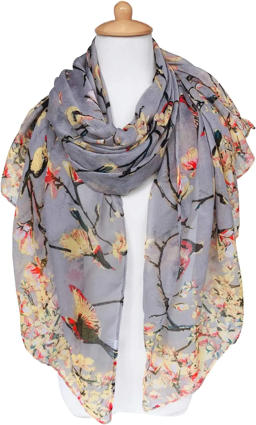 GERINLY Scarfs for Women Lightweight Floral Birds Print Cotton Scarves and Wraps for Summer Shawl