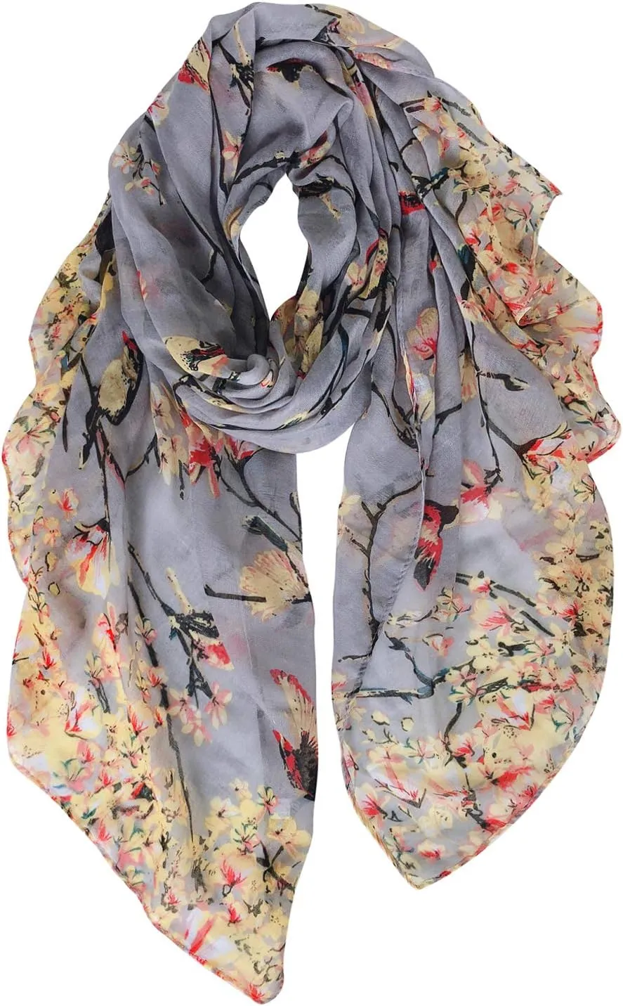 GERINLY Scarfs for Women Lightweight Floral Birds Print Cotton Scarves and Wraps for Summer Shawl