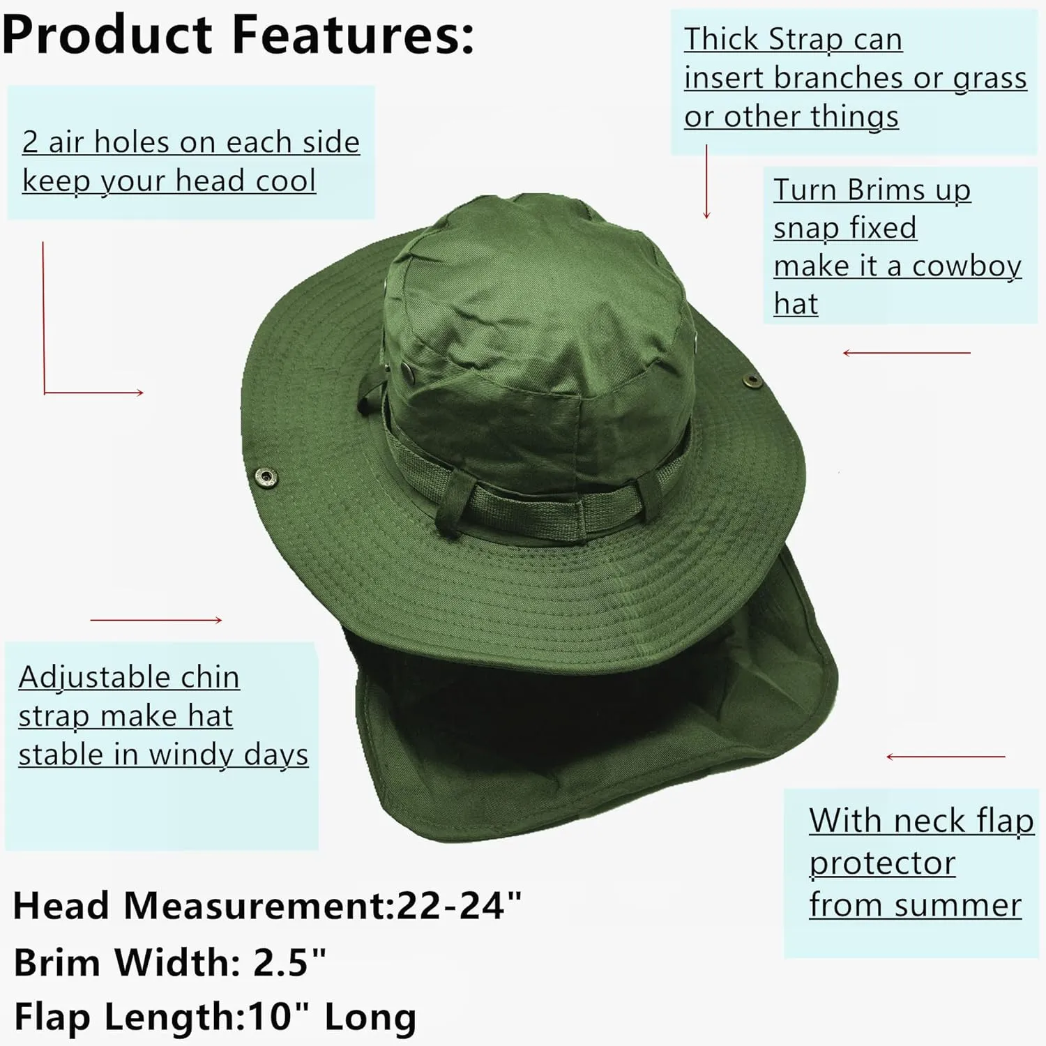 Glory Max Bucket Boonie Hat with Neck Flap Cover Sun Safari Wide Brim Fishing Garden Hiking Cap