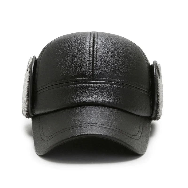 High Quality Men's Winter Baseball Cap Pu Leather Thicken Plus Velvet Warm Snapback Hats Black Cap Casquette Homme