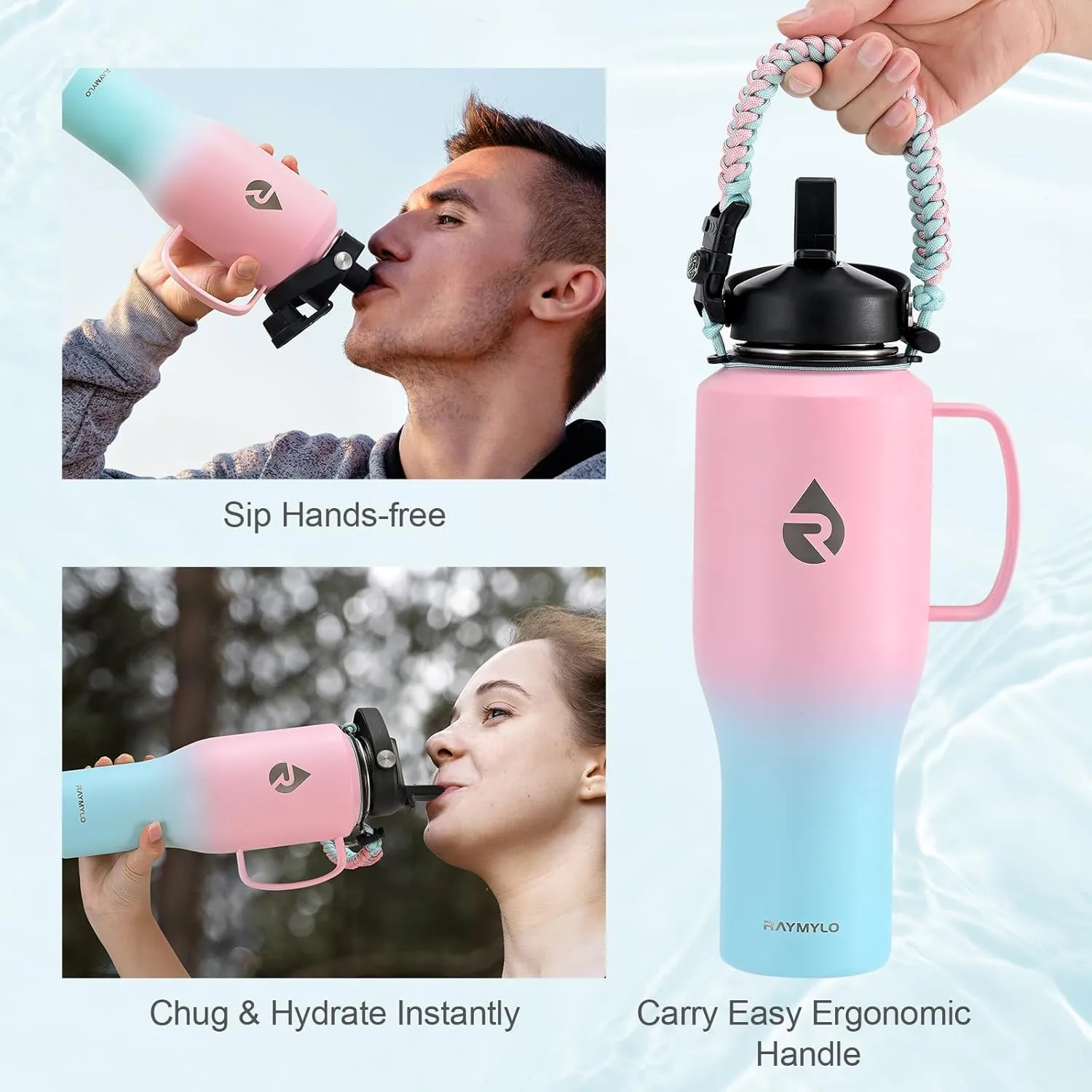 Insulated Water Bottle 40oz (Cold for 48 Hrs), Stainless Steel Water Bottle with Handle & Straw Lid & Paracord Handle, Triple Wall Vacuum Leakproof Travel Flask, Fit in Any Car Cup Holder