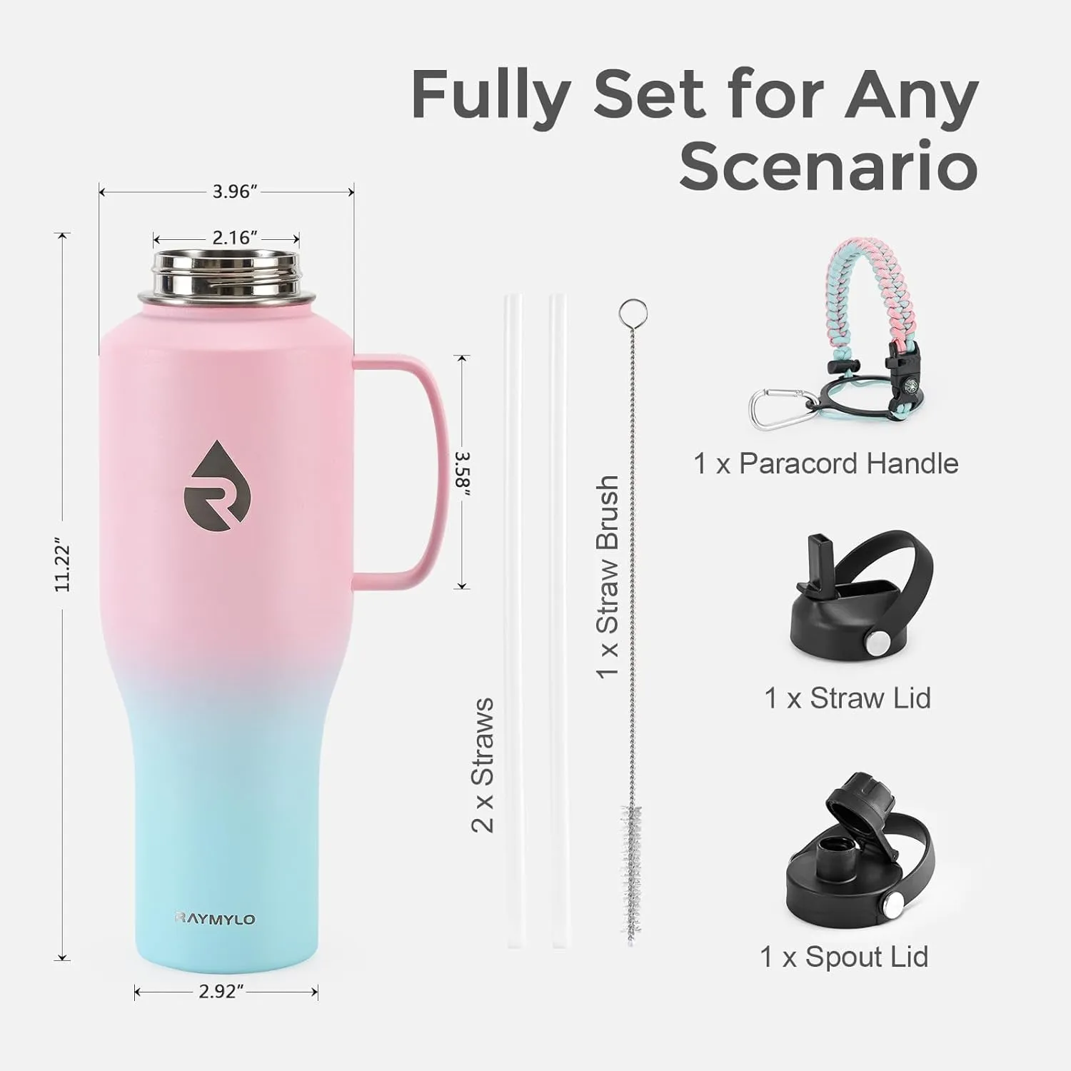 Insulated Water Bottle 40oz (Cold for 48 Hrs), Stainless Steel Water Bottle with Handle & Straw Lid & Paracord Handle, Triple Wall Vacuum Leakproof Travel Flask, Fit in Any Car Cup Holder