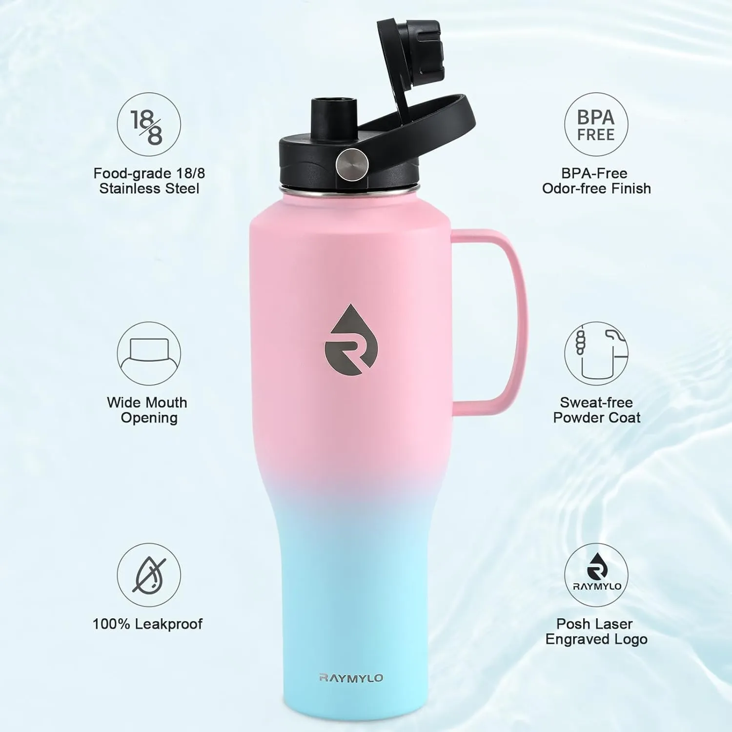 Insulated Water Bottle 40oz (Cold for 48 Hrs), Stainless Steel Water Bottle with Handle & Straw Lid & Paracord Handle, Triple Wall Vacuum Leakproof Travel Flask, Fit in Any Car Cup Holder