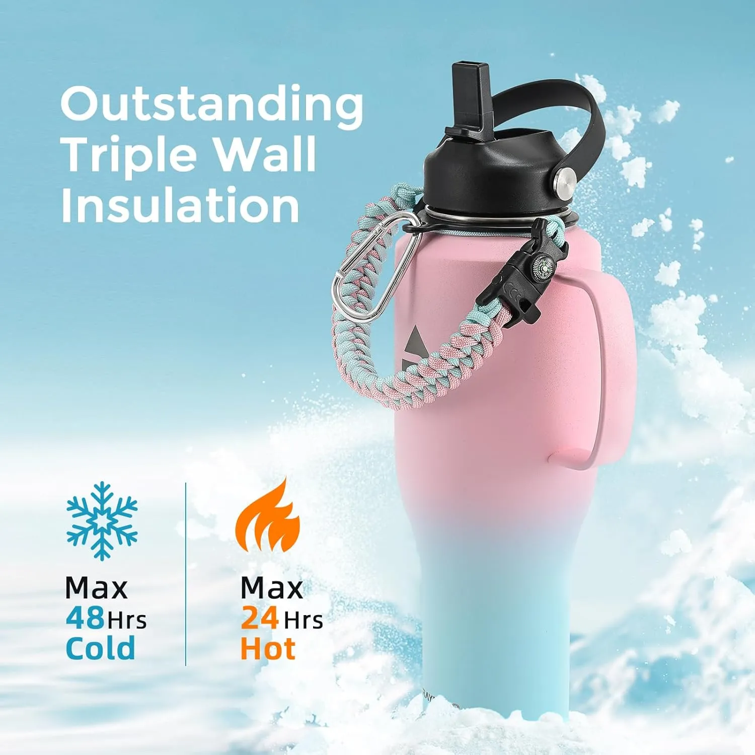 Insulated Water Bottle 40oz (Cold for 48 Hrs), Stainless Steel Water Bottle with Handle & Straw Lid & Paracord Handle, Triple Wall Vacuum Leakproof Travel Flask, Fit in Any Car Cup Holder