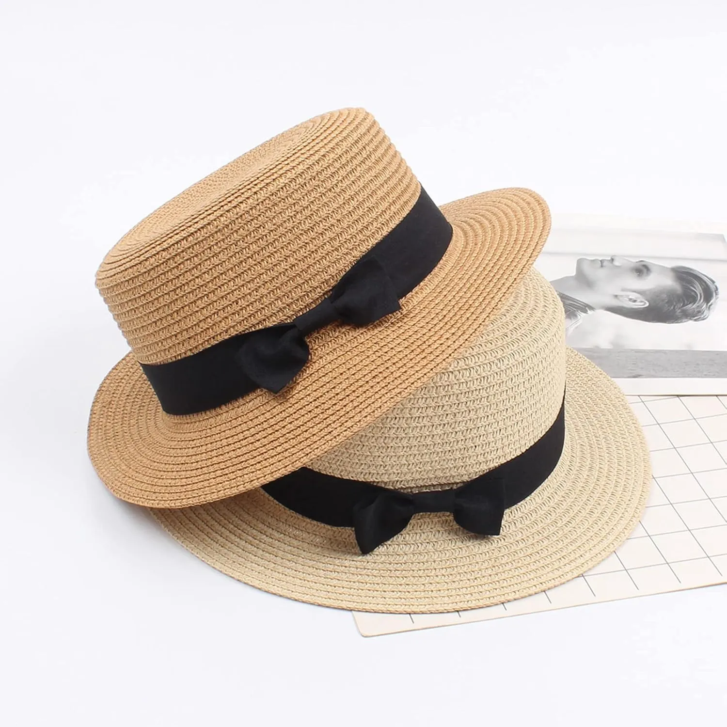 Kids Straw Hat - Summer Bow Fedora Straw Hat Wide Brim Floppy Beach Sun Hat Bucket Hat for Toddler Girls Boys