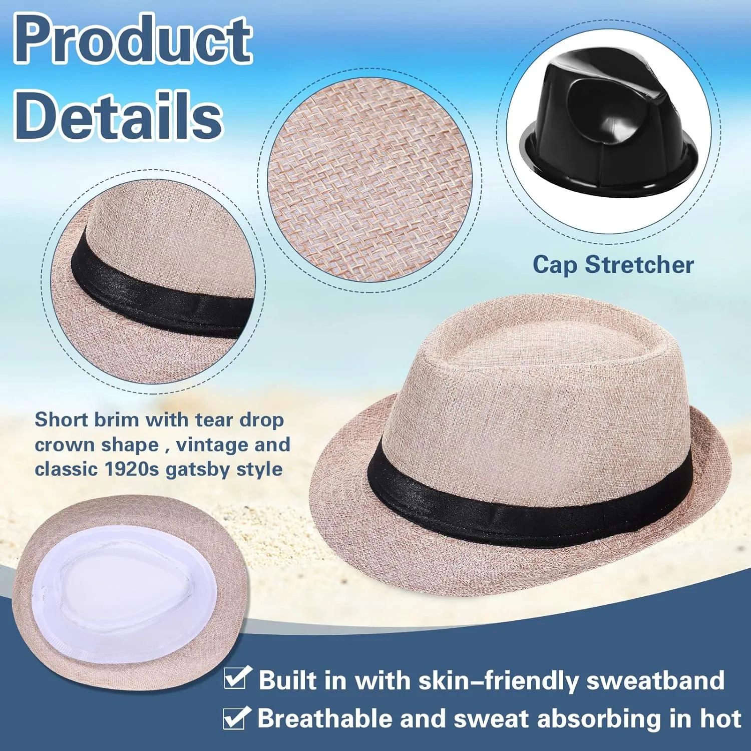 Lasnten 16 Pcs 1920s Hats Bulk for Men Short Brim Sun Panama Hats for Men Women Party Costume, Circumference 60 cm