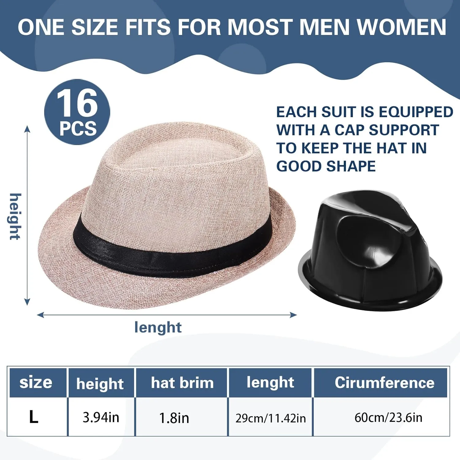 Lasnten 16 Pcs 1920s Hats Bulk for Men Short Brim Sun Panama Hats for Men Women Party Costume, Circumference 60 cm