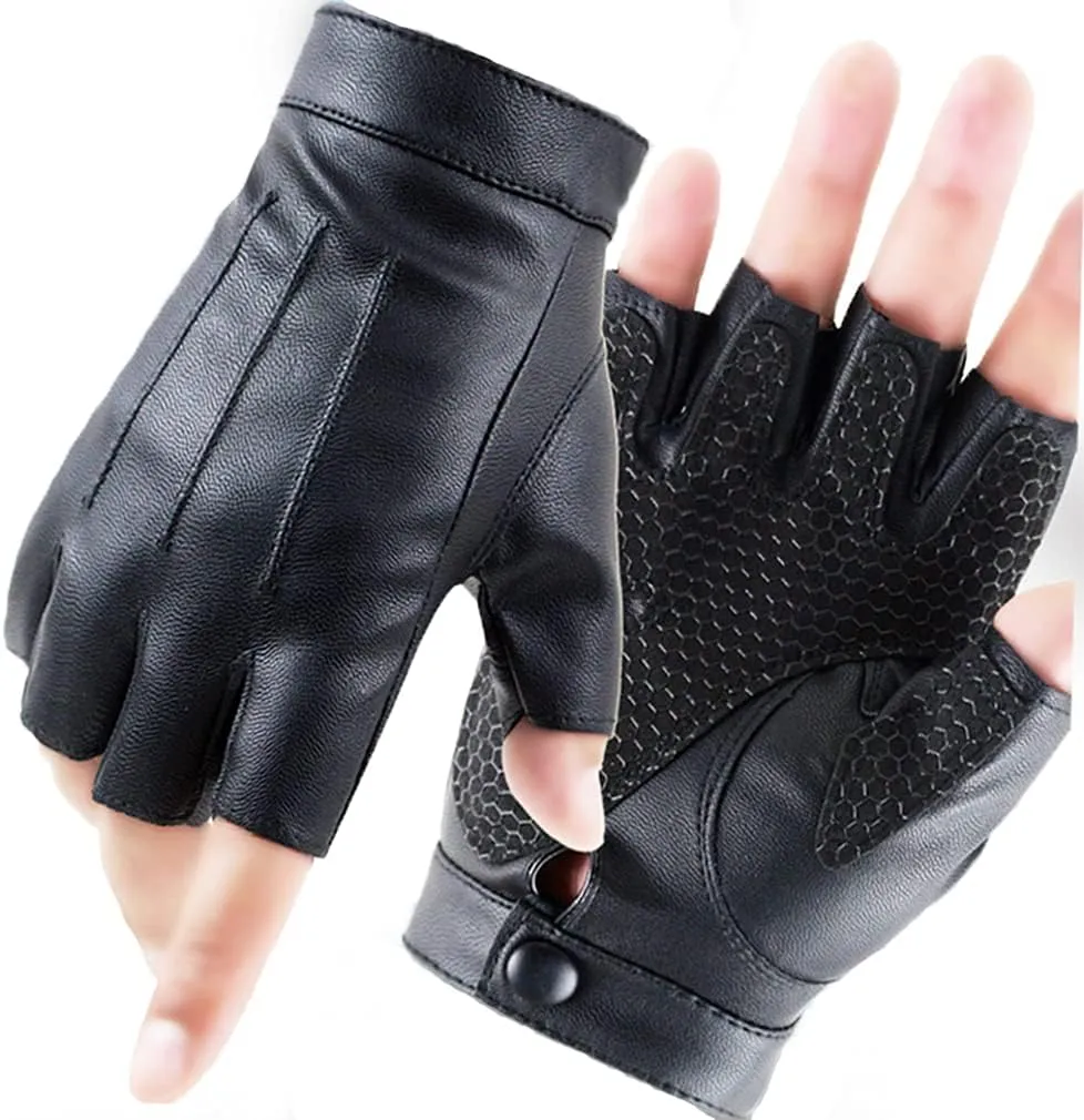 LJCZKA Fingerless Driving PU Leather Gloves Outdoor Sport Faux Half Finger with Anti-Slip Layer Glove for Men Women