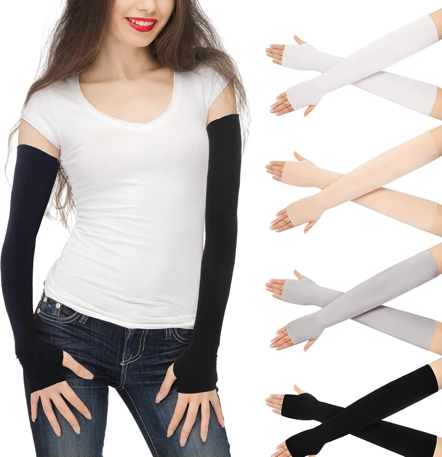 Meanplan 4 Pairs Women Sun Arm Sleeves Long Fingerless Gloves Warmers with Thumb Hole