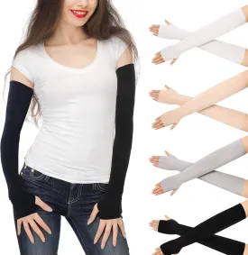 Meanplan 4 Pairs Women Sun Arm Sleeves Long Fingerless Gloves Warmers with Thumb Hole