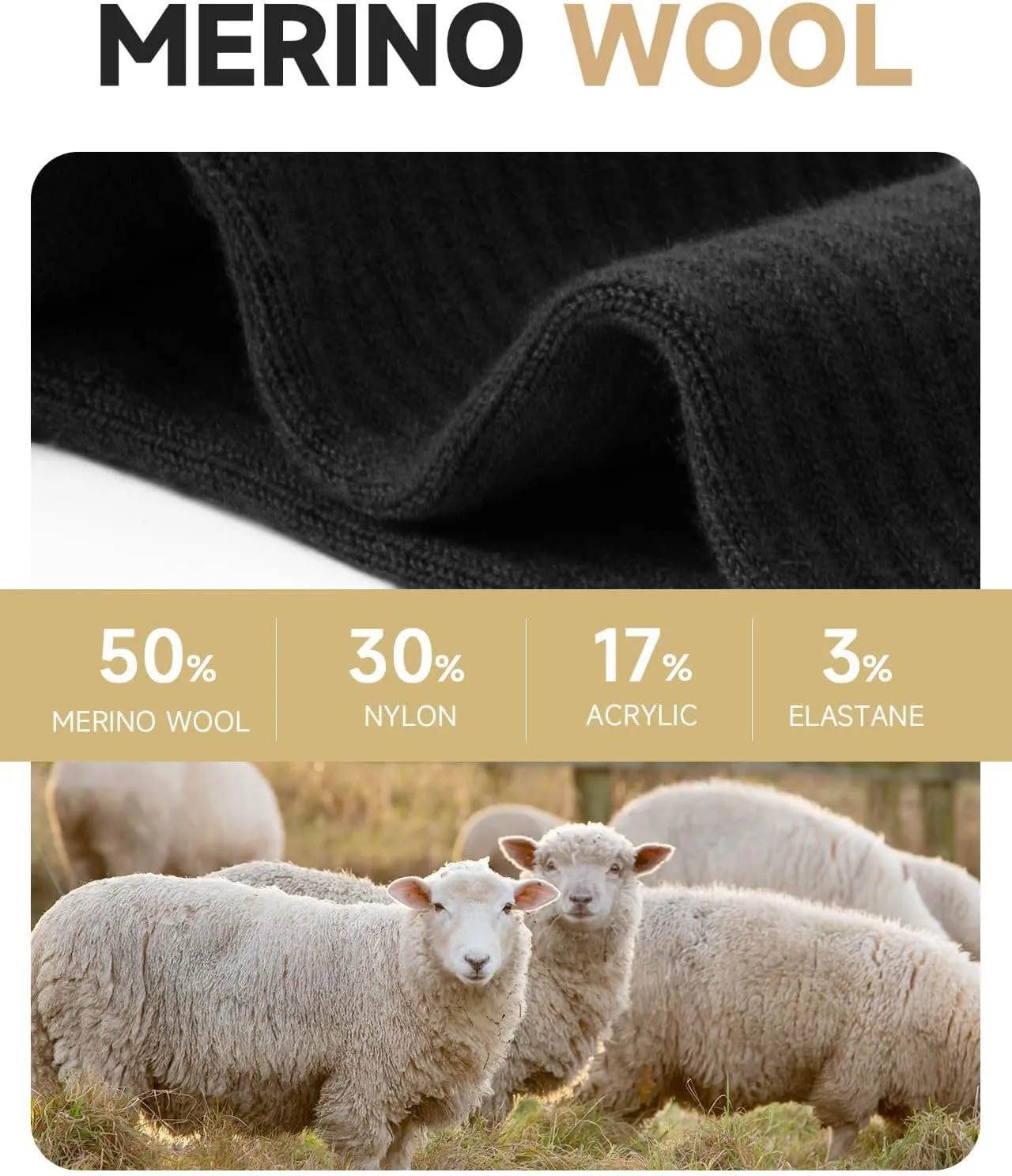 Men's Merino Wool Crew Work Socks, 3 Pairs Moisture Wicking Athletic Socks for Hiking Sports Running