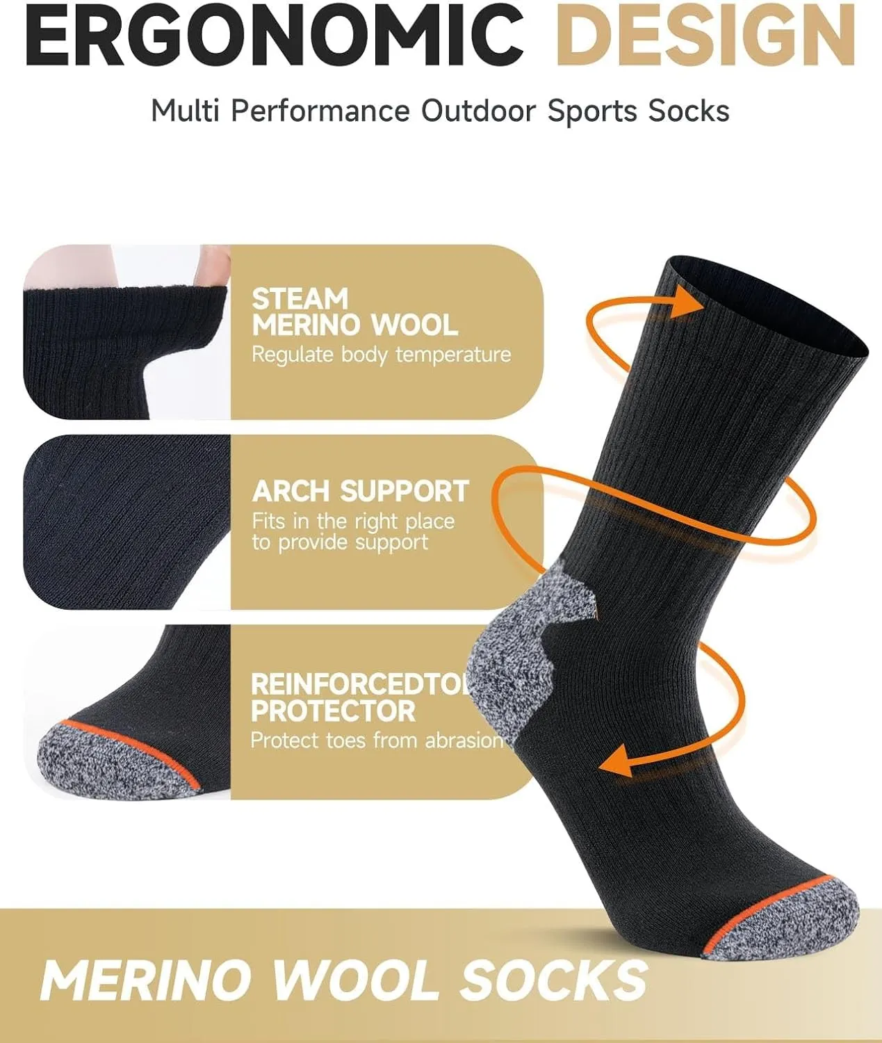 Men's Merino Wool Crew Work Socks, 3 Pairs Moisture Wicking Athletic Socks for Hiking Sports Running