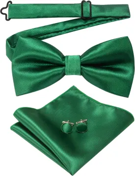 Mens Solid Color Pre-tied Bow Tie and Pocket Square Cufflink Set