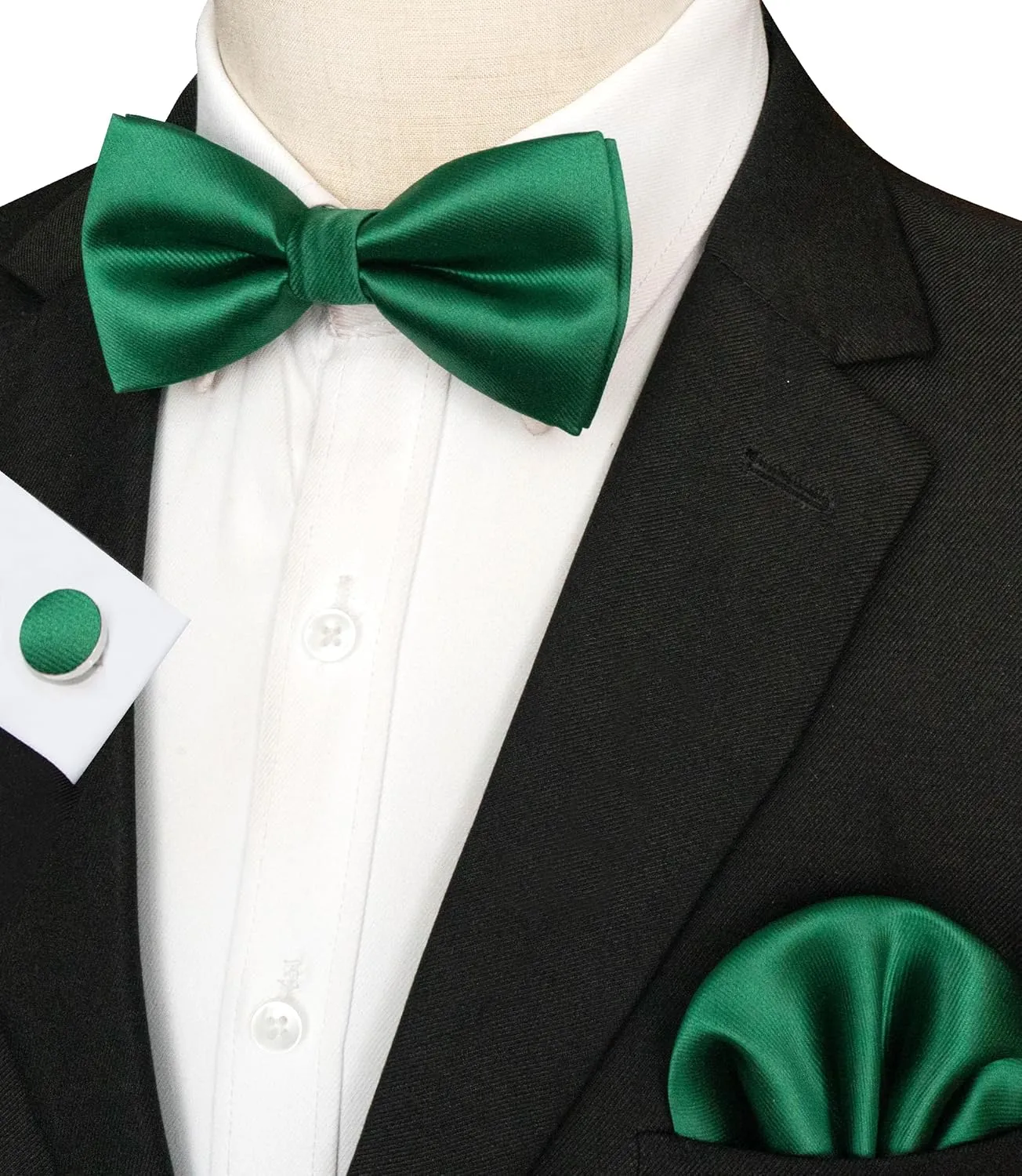 Mens Solid Color Pre-tied Bow Tie and Pocket Square Cufflink Set