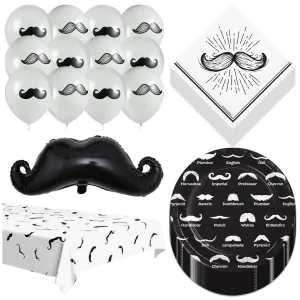Mustache Party Pack - Black and White Moustache Paper Dessert Plates, Napkins, Table Cover Set, and Balloon Set (Serves 16)