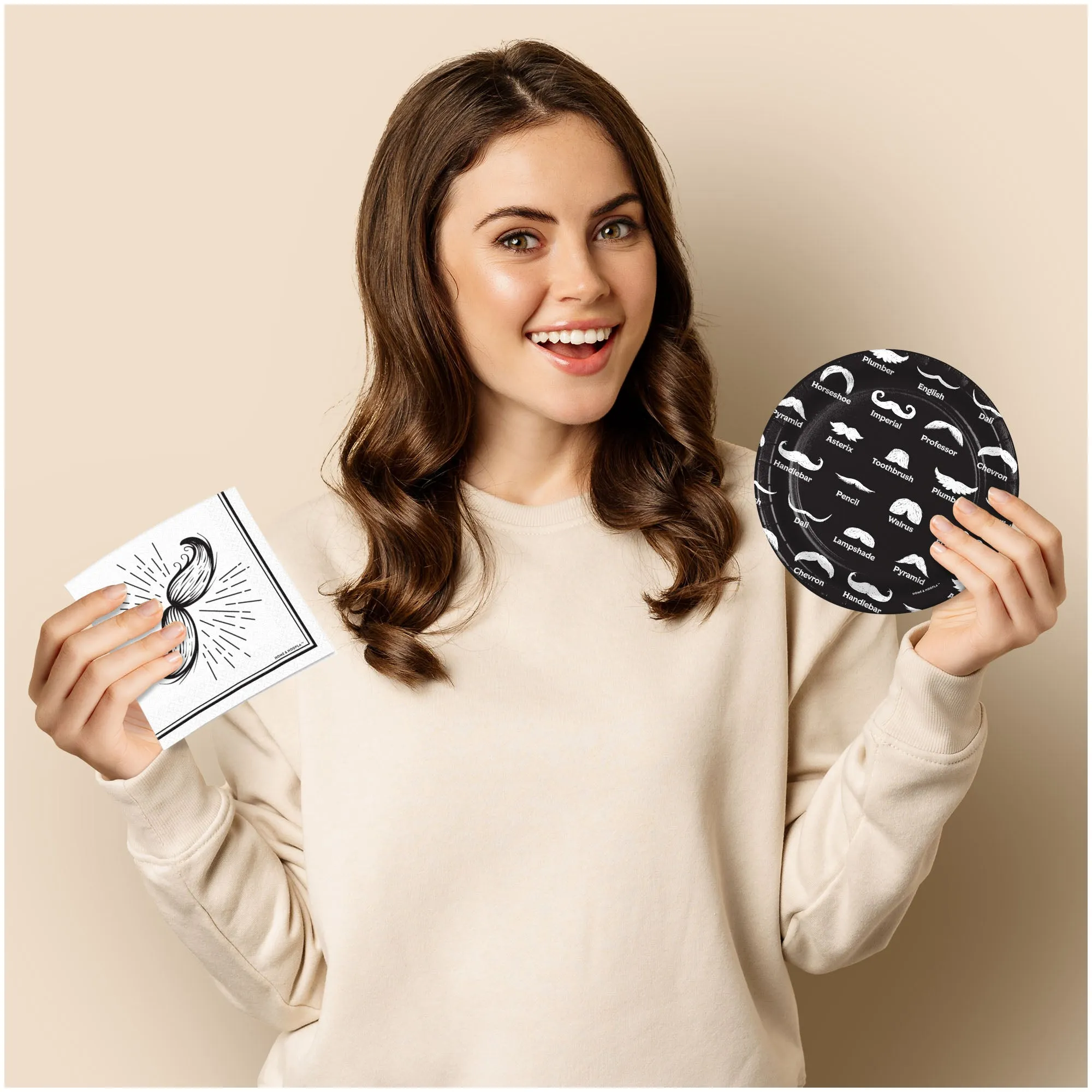 Mustache Party Pack - Black and White Moustache Paper Dessert Plates, Napkins, Table Cover Set, and Balloon Set (Serves 16)