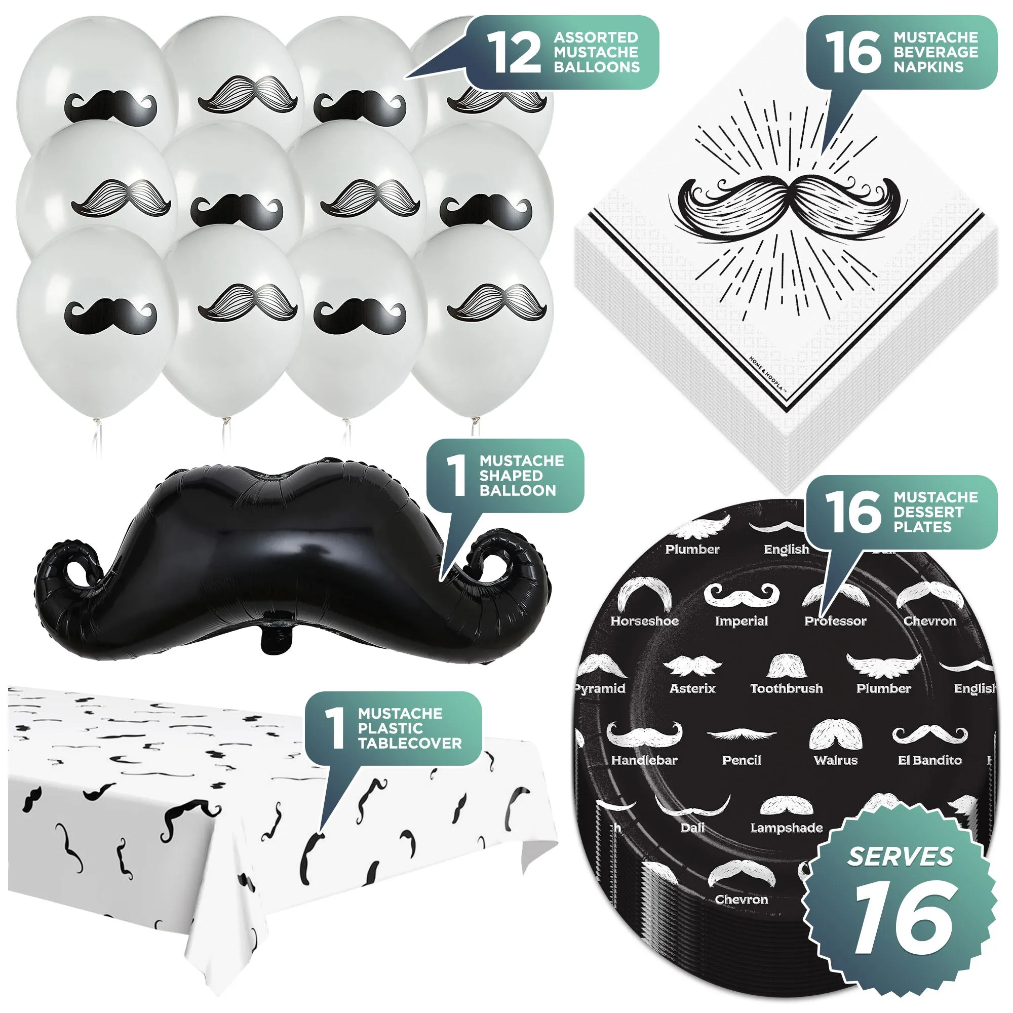 Mustache Party Pack - Black and White Moustache Paper Dessert Plates, Napkins, Table Cover Set, and Balloon Set (Serves 16)