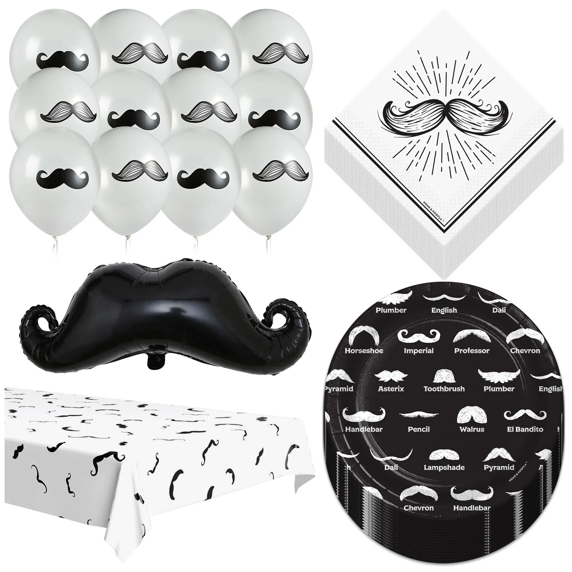 Mustache Party Pack - Black and White Moustache Paper Dessert Plates, Napkins, Table Cover Set, and Balloon Set (Serves 16)