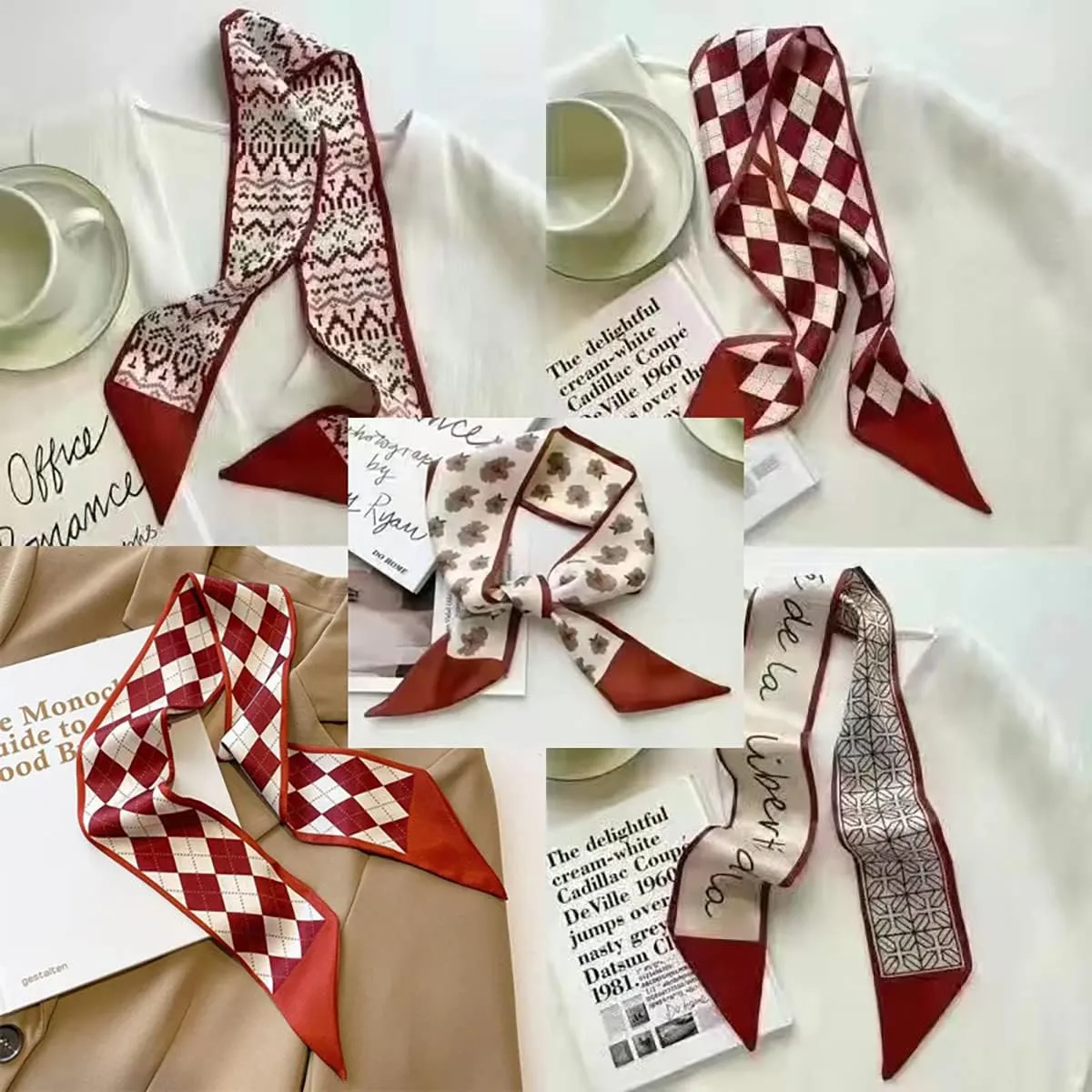 NCDUANSAN Retro small silk scarf girl heart spring and summer narrow ribbon headband headband bag long scarf headdress