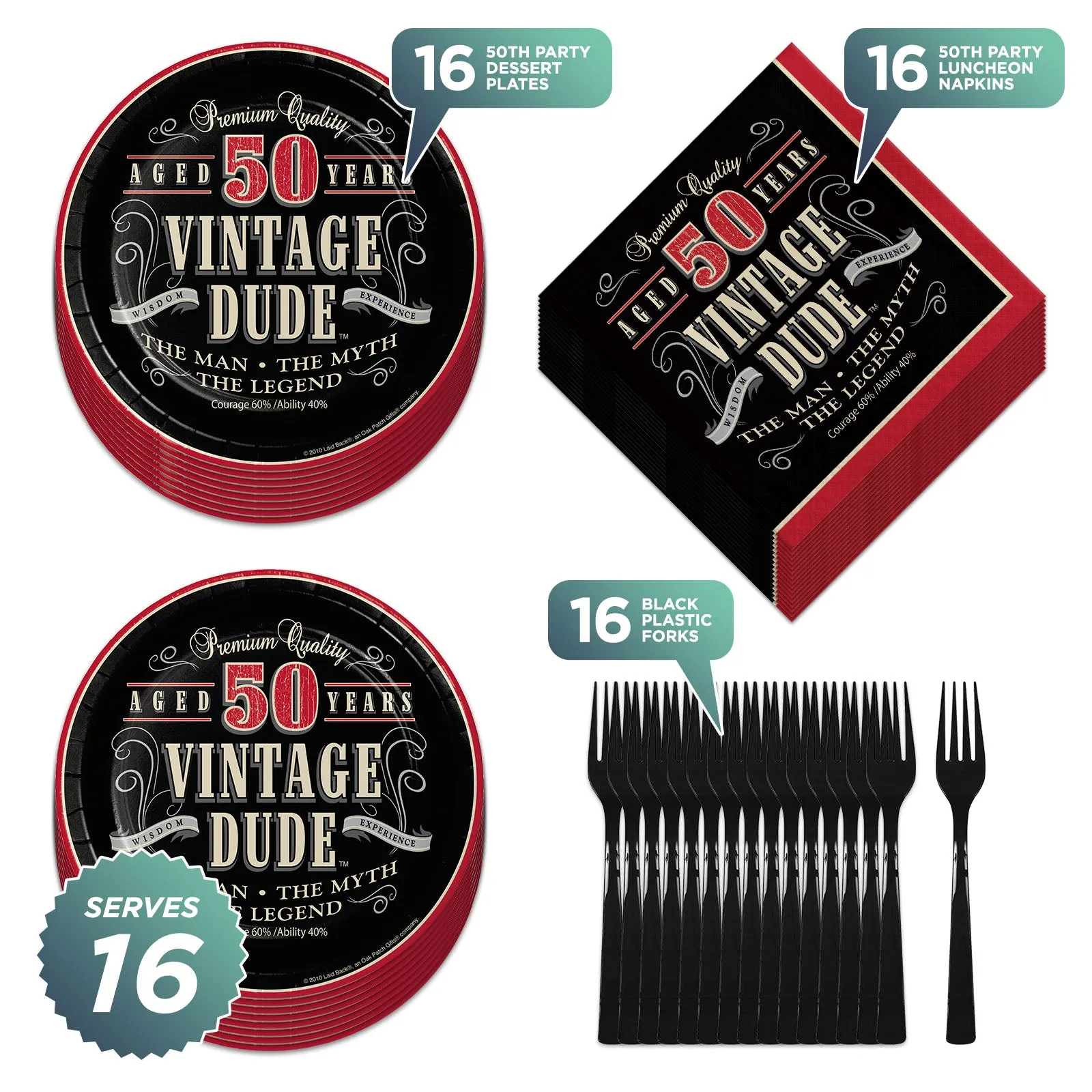 Old Man Vintage Dude Party Supplies - 50th Milestone Dessert Plates, Napkins, and Forks (Serves 16)