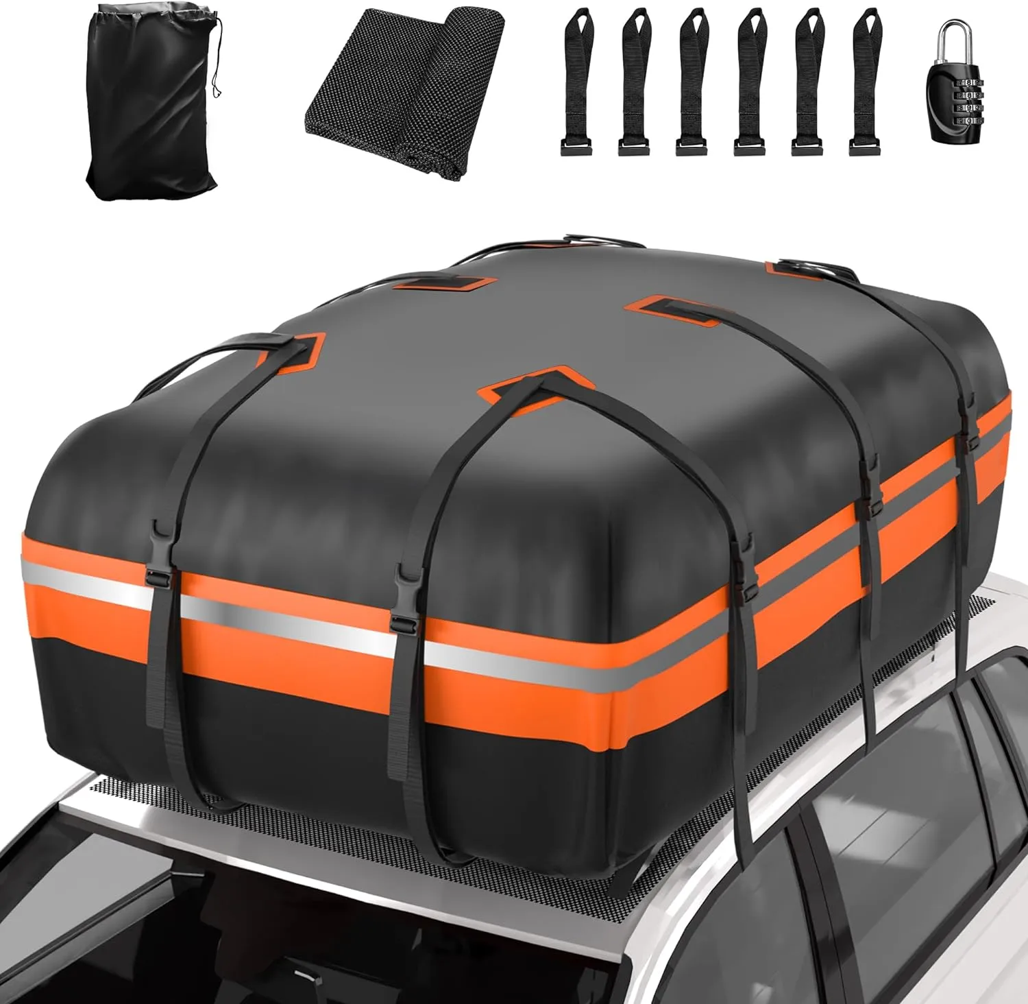 Rooftop Cargo Carrier - Car Roof Bag, 1000D PVC Soft-Shell Waterproof for Cars with/Without Racks, Includes Anti-Slip Mat, Storage Bag, Luggage Lock, 6 Extra Straps, 21 Cubic Feet