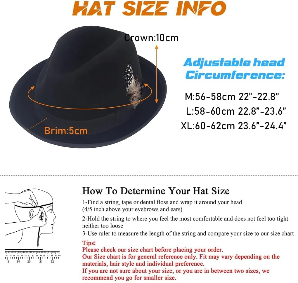 Ruphedy Wool Fedora Hats for Men Women Wide Brim Felt Panama Hat
