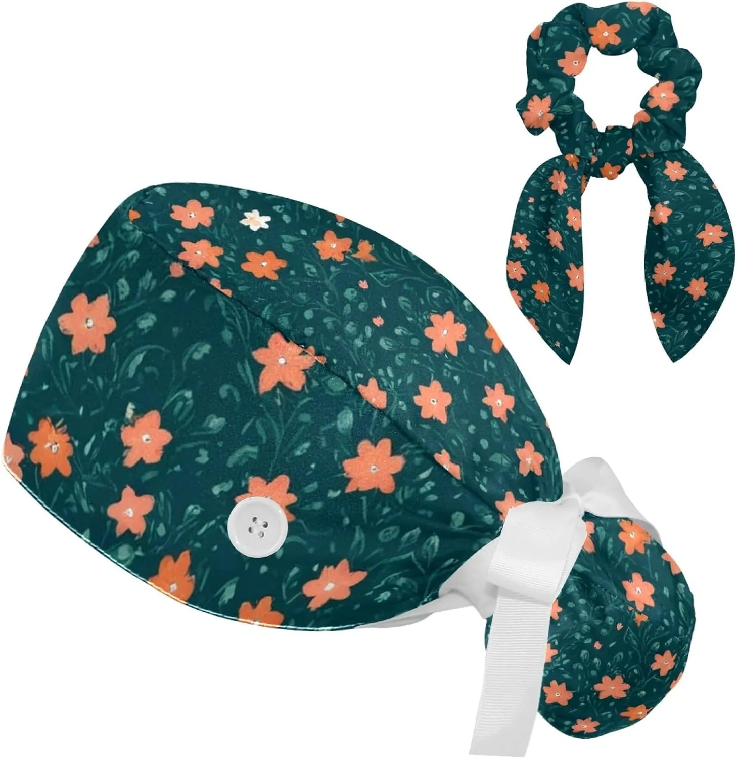 Scrub Caps Women with Buttons,Flowers Floral Field,Adjustable Bouffant Scrub Caps Women with Ponytail Holder Bow Hair Scrunchy Multicoloured