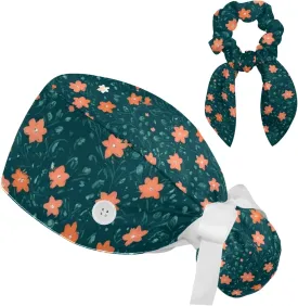 Scrub Caps Women with Buttons,Flowers Floral Field,Adjustable Bouffant Scrub Caps Women with Ponytail Holder Bow Hair Scrunchy Multicoloured