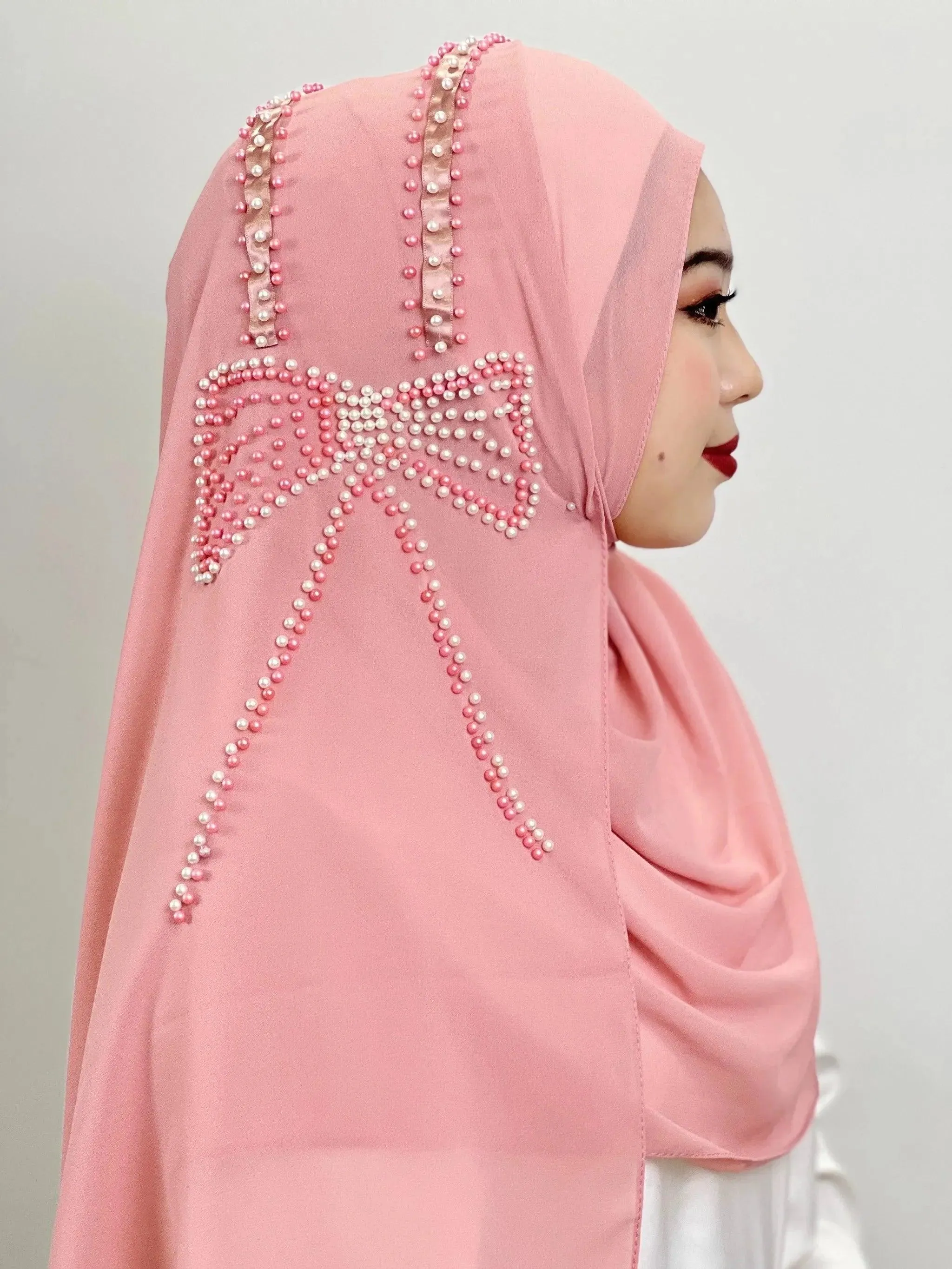 Shiny Beaded Muslim Hijab | Big Bow Decorative Wrap Scarf for Women, Soft and Easy to Wear