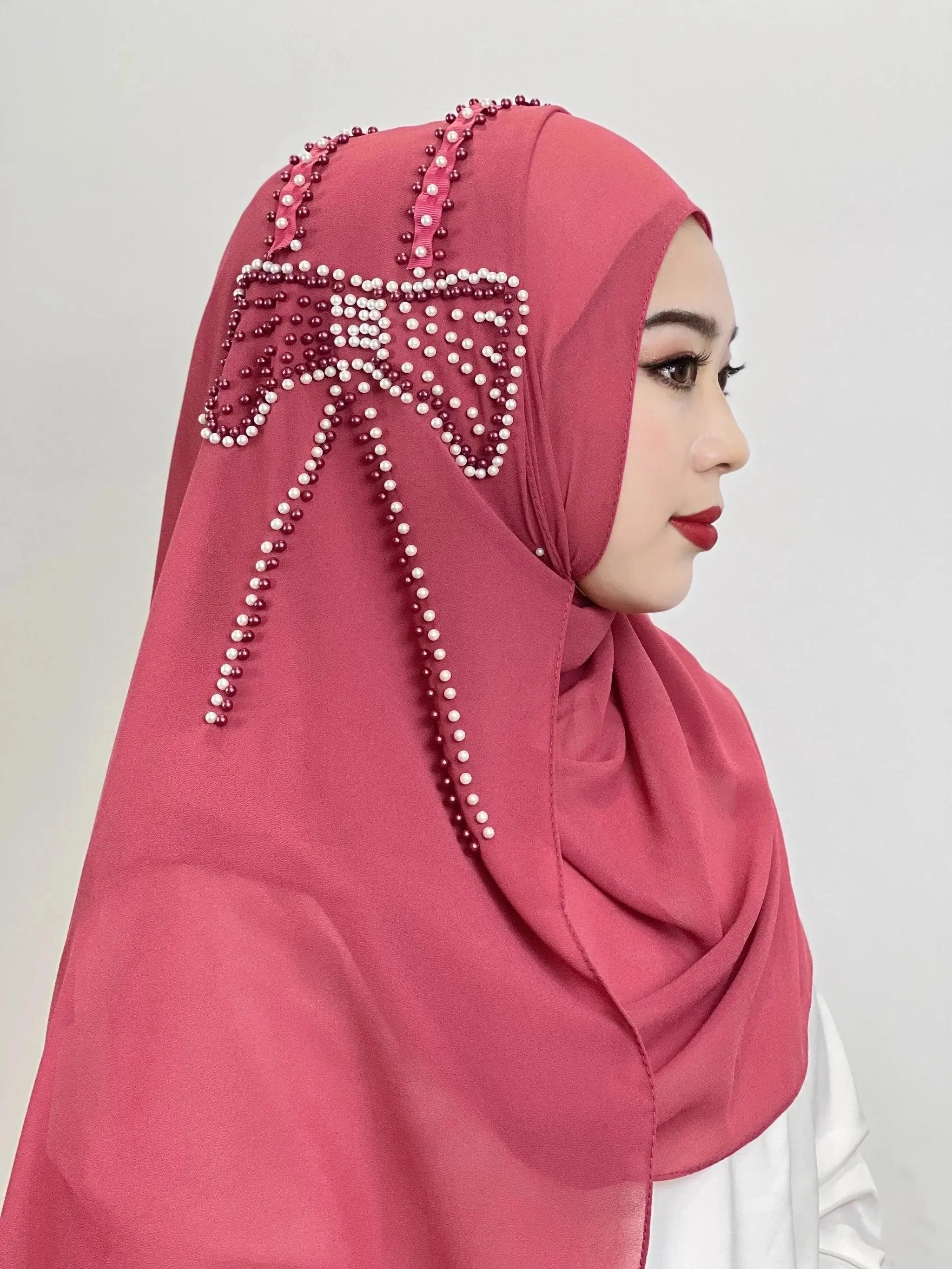 Shiny Beaded Muslim Hijab | Big Bow Decorative Wrap Scarf for Women, Soft and Easy to Wear