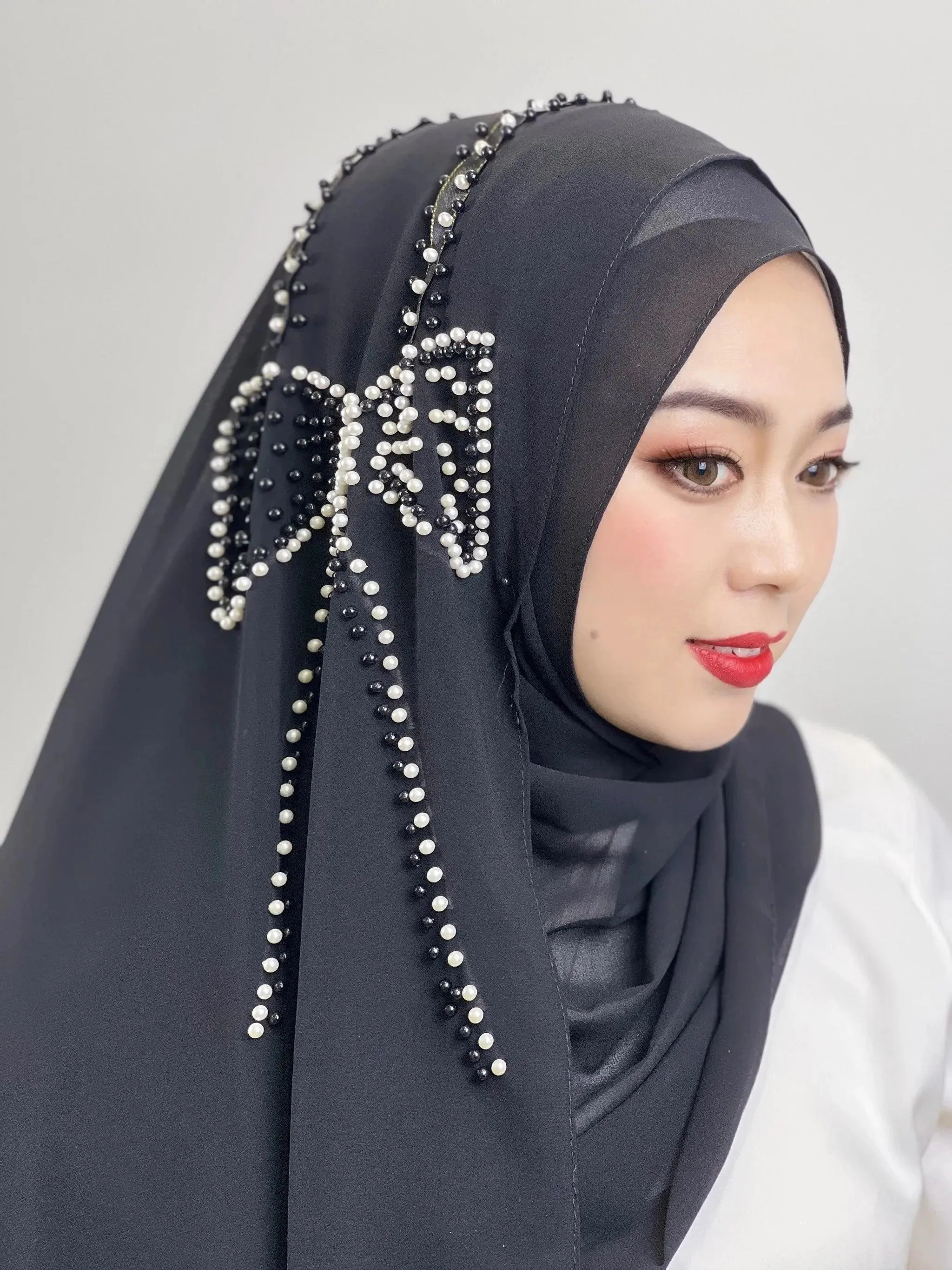 Shiny Beaded Muslim Hijab | Big Bow Decorative Wrap Scarf for Women, Soft and Easy to Wear