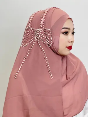 Shiny Beaded Muslim Hijab | Big Bow Decorative Wrap Scarf for Women, Soft and Easy to Wear