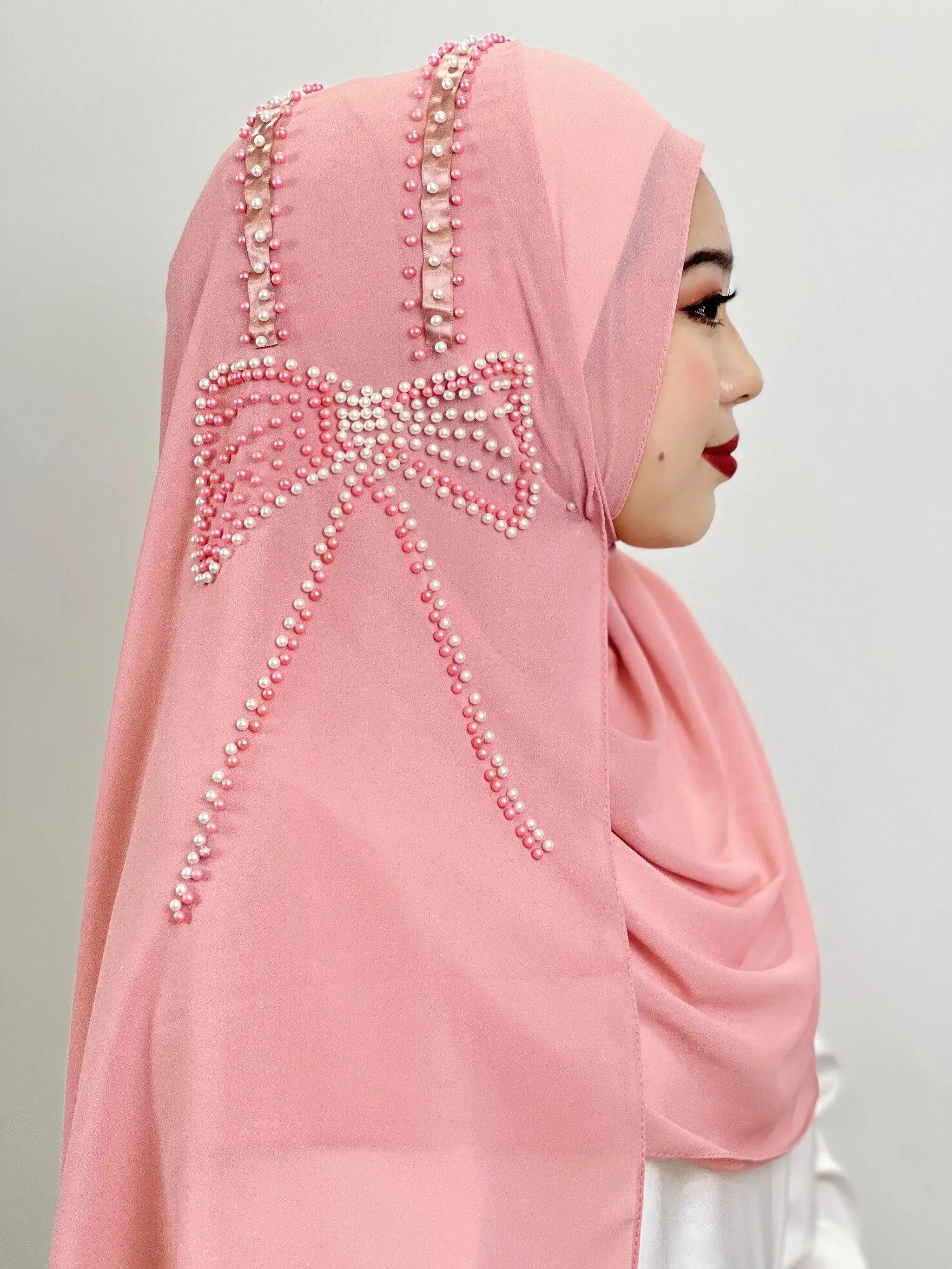 Shiny Beaded Muslim Hijab | Big Bow Decorative Wrap Scarf for Women, Soft and Easy to Wear
